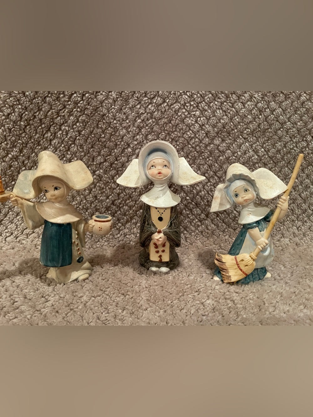 Ceramic Nun Figurine in Cream, Brown and Blue